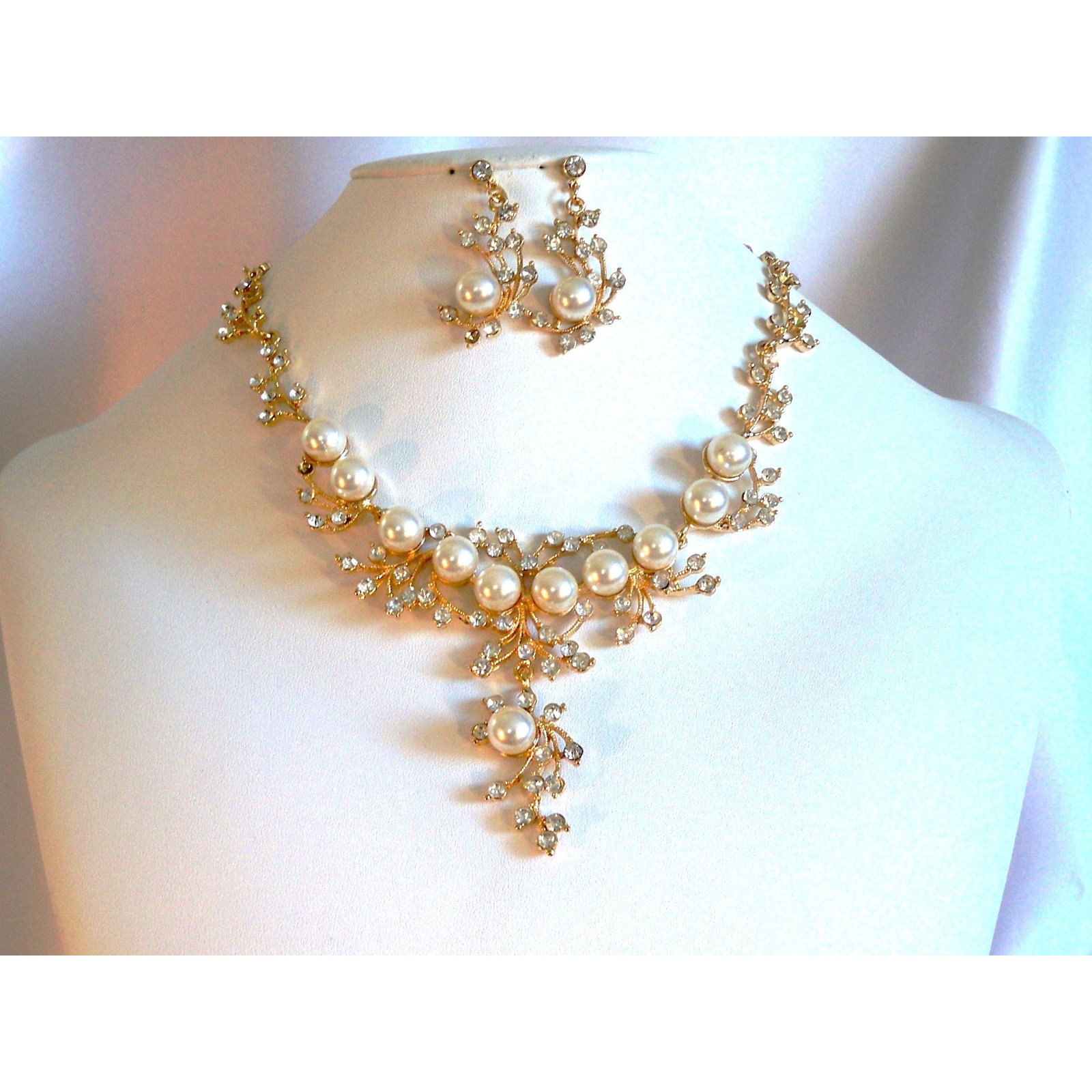 Gold Pearl & Rhinestone Necklace Set, Wedding Mob Prom Party Evening Necklace